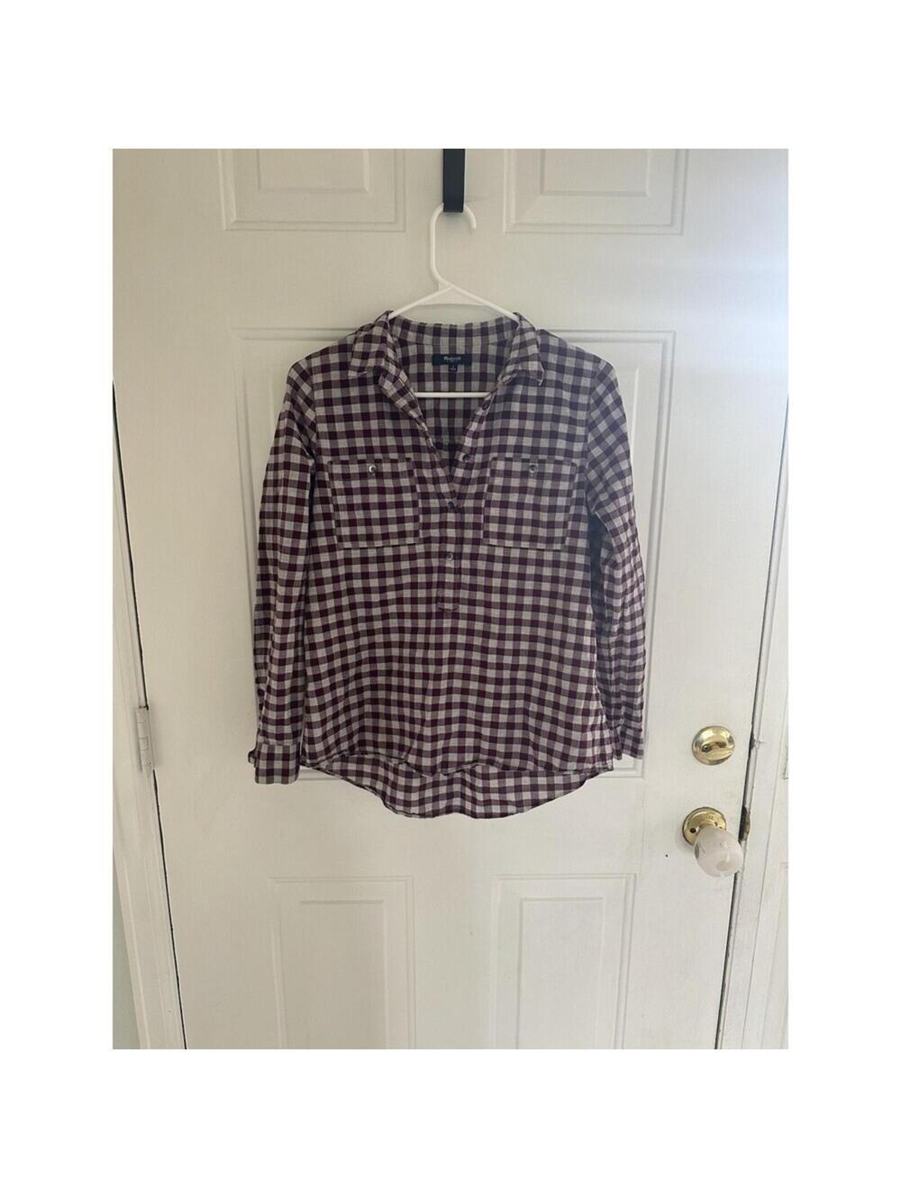 Madewell Purple Gingham Plaid Square Neck Puff Sleeve Blouse